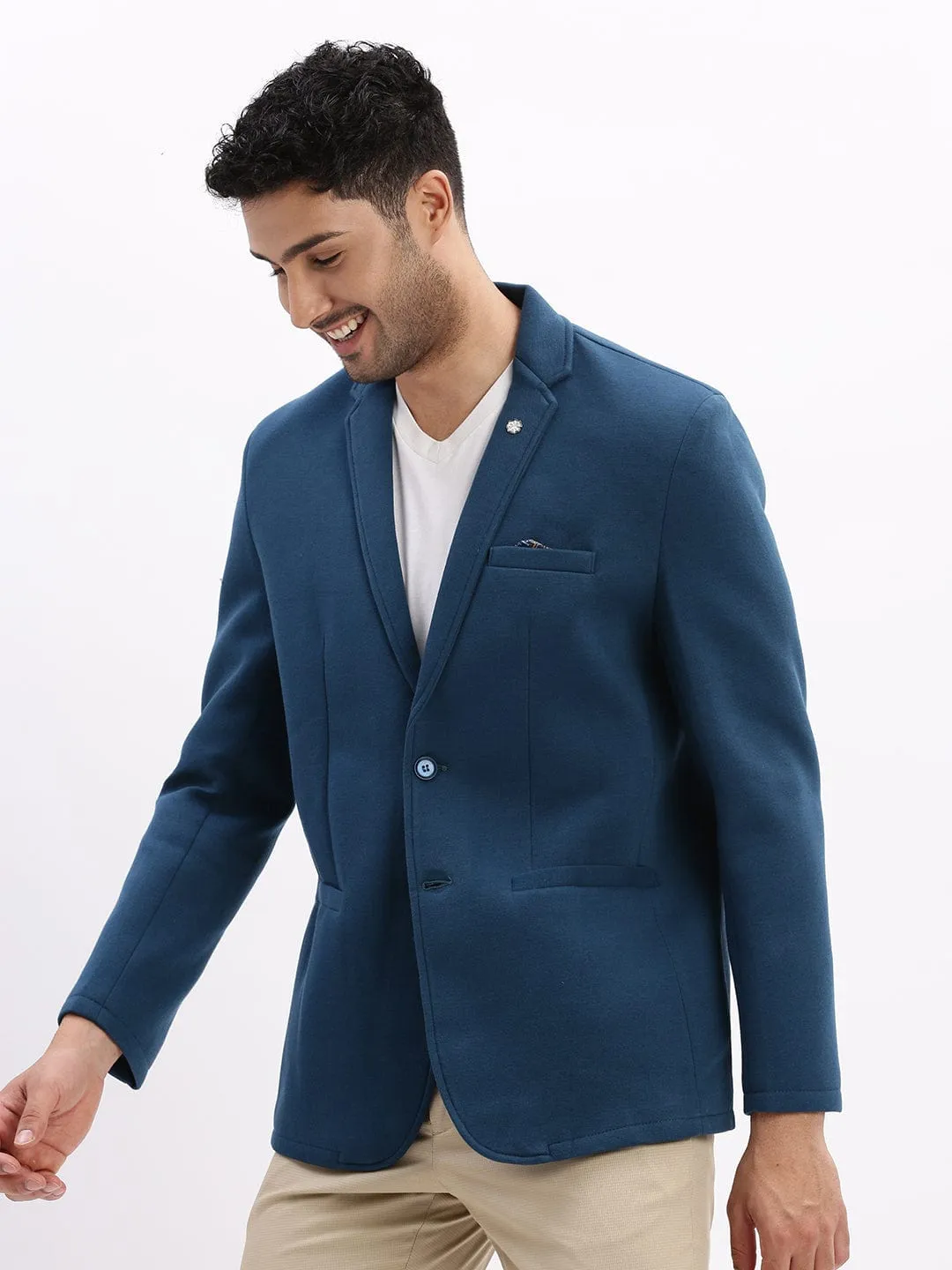 Men Teal Notched Lapel Slim Fit Cotton Single Breasted Blazer