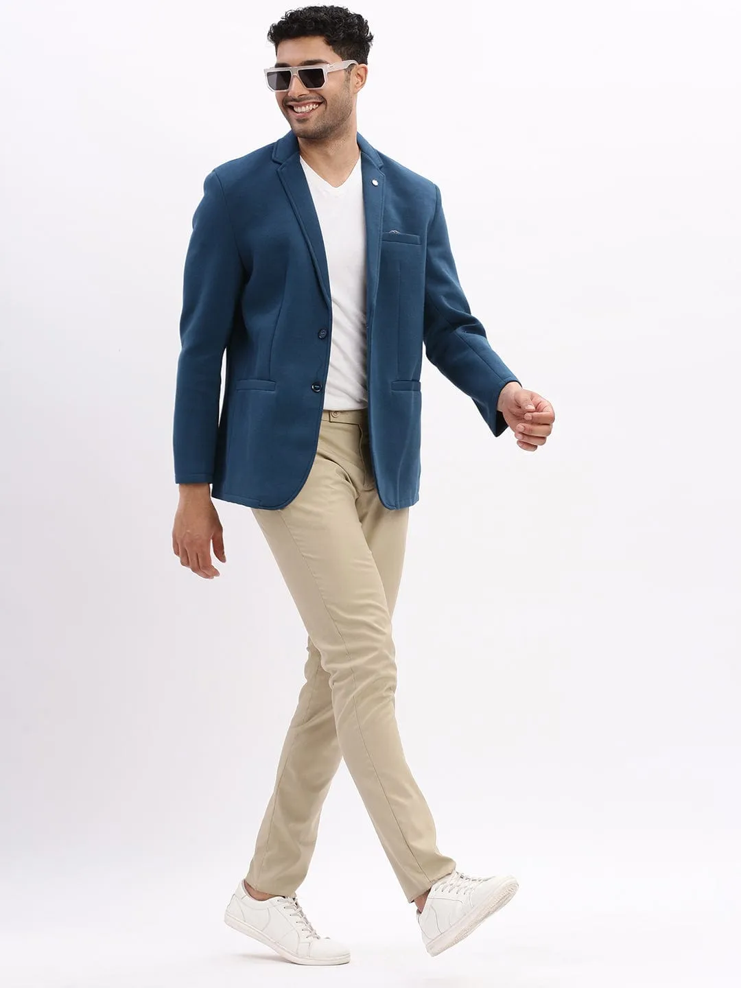 Men Teal Notched Lapel Slim Fit Cotton Single Breasted Blazer