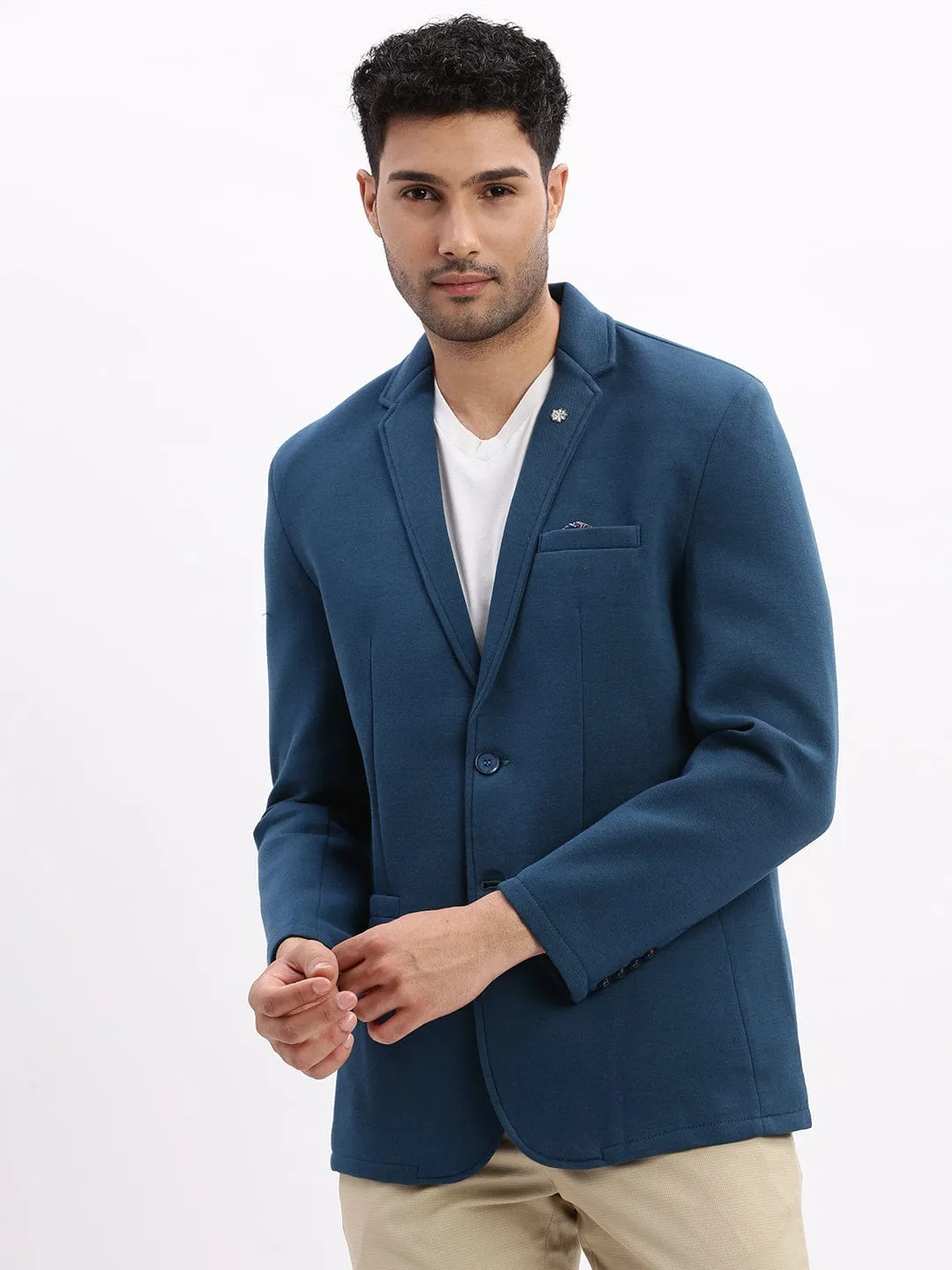 Men Teal Notched Lapel Slim Fit Cotton Single Breasted Blazer