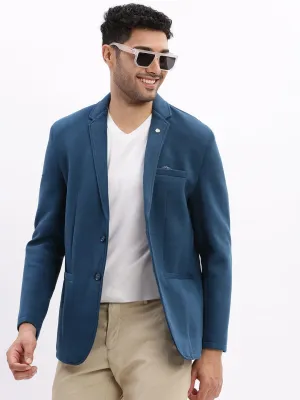 Men Teal Notched Lapel Slim Fit Cotton Single Breasted Blazer