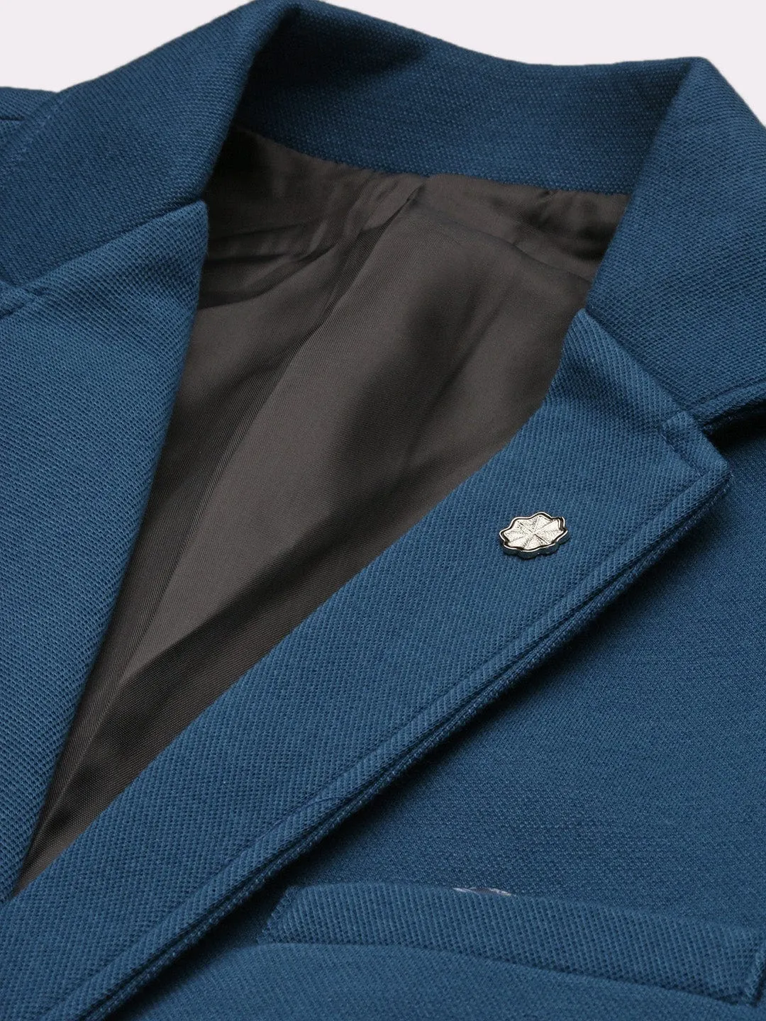 Men Teal Notched Lapel Slim Fit Cotton Single Breasted Blazer