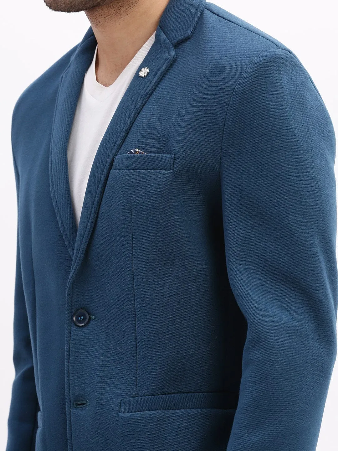 Men Teal Notched Lapel Slim Fit Cotton Single Breasted Blazer