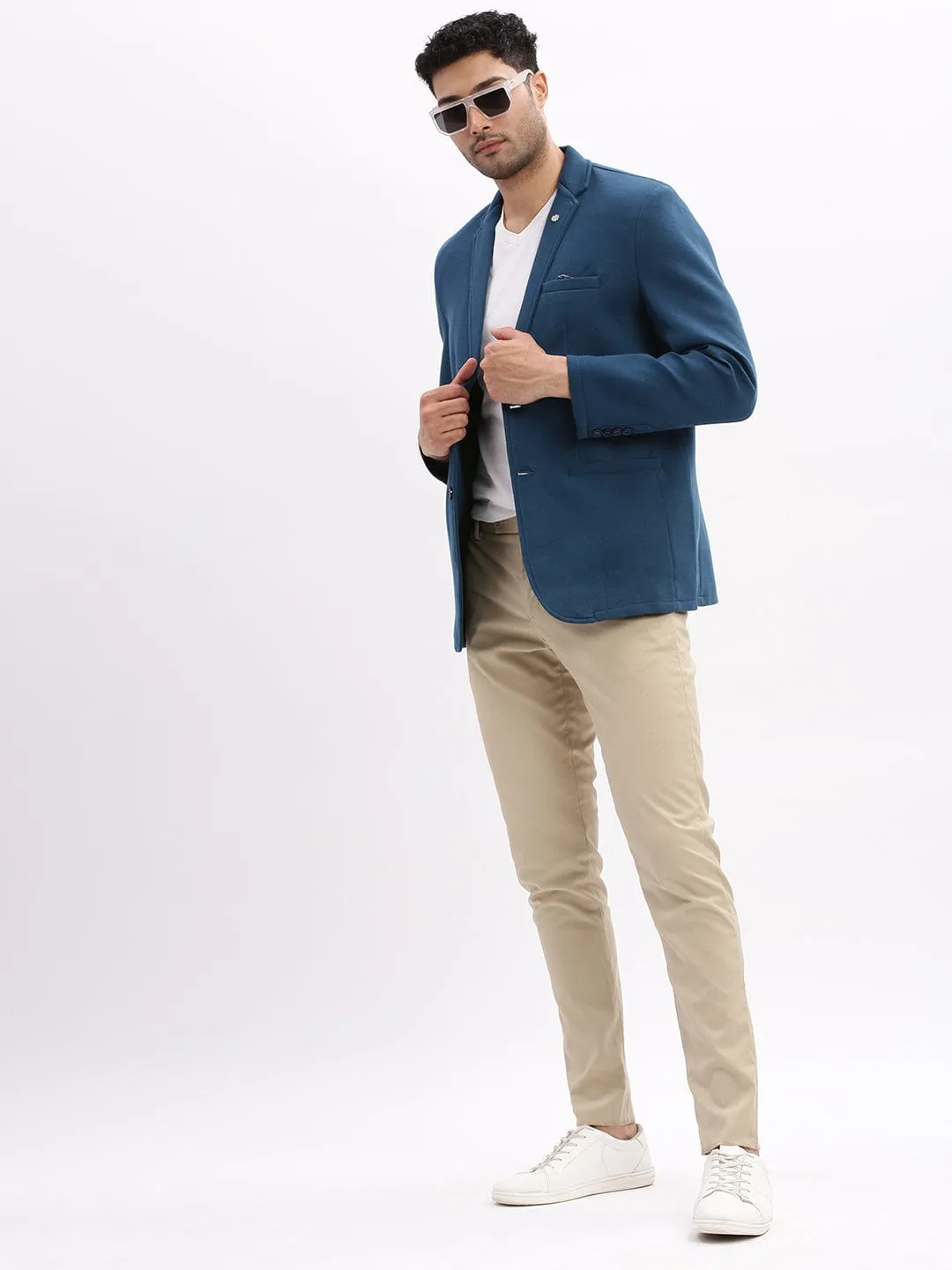 Men Teal Notched Lapel Slim Fit Cotton Single Breasted Blazer