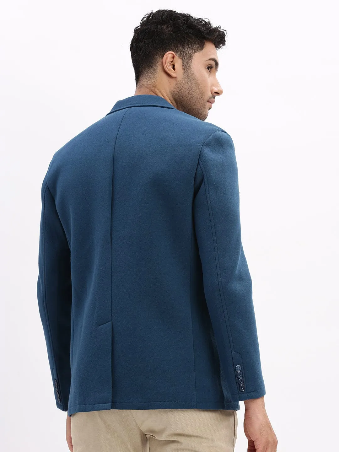 Men Teal Notched Lapel Slim Fit Cotton Single Breasted Blazer