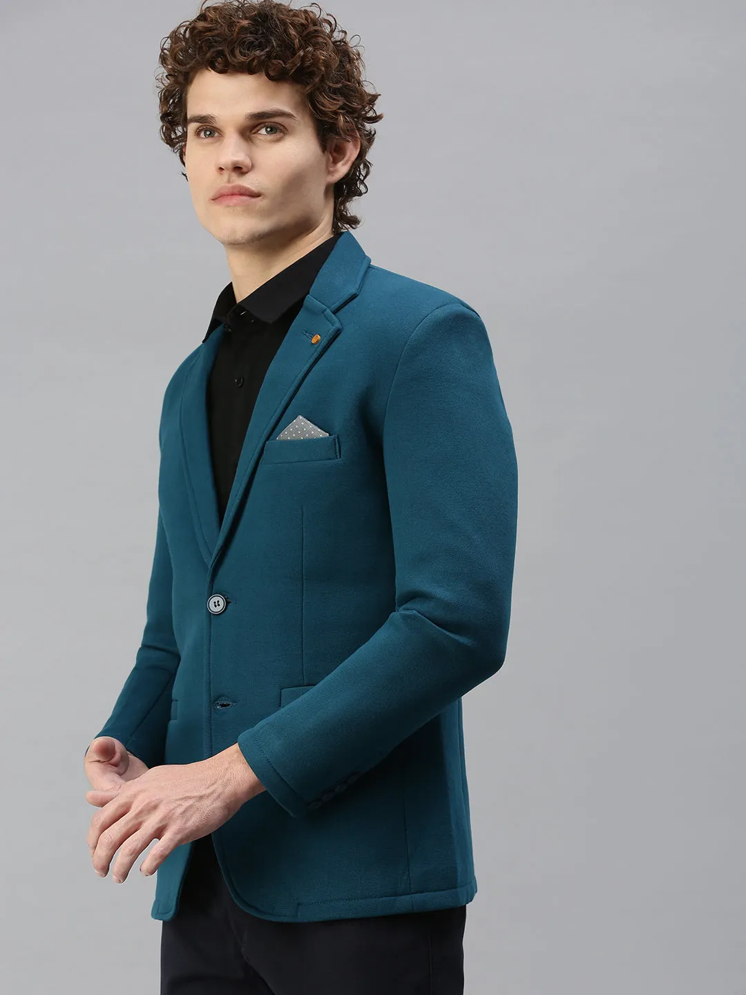 Men Turquoise Blue Solid Single-Breasted Slim-Fit Blazer