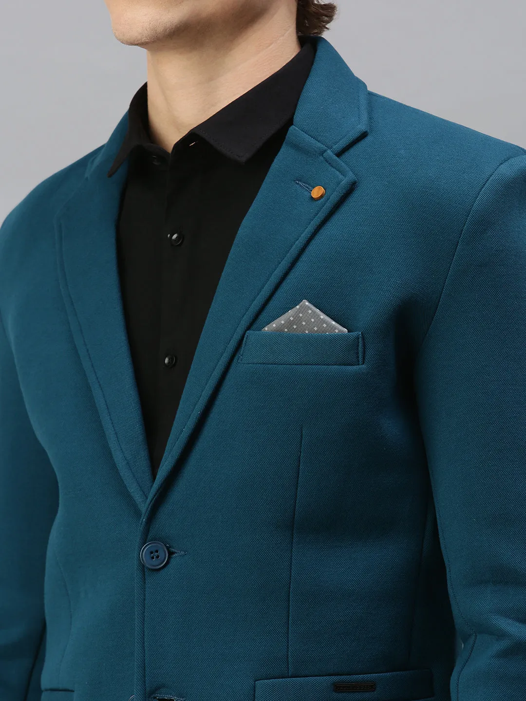 Men Turquoise Blue Solid Single-Breasted Slim-Fit Blazer