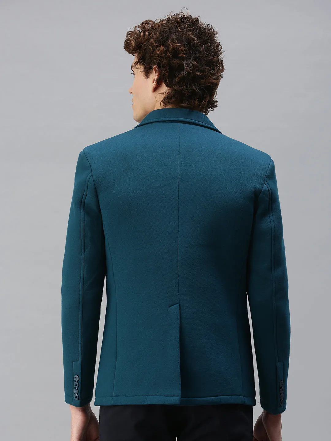 Men Turquoise Blue Solid Single-Breasted Slim-Fit Blazer