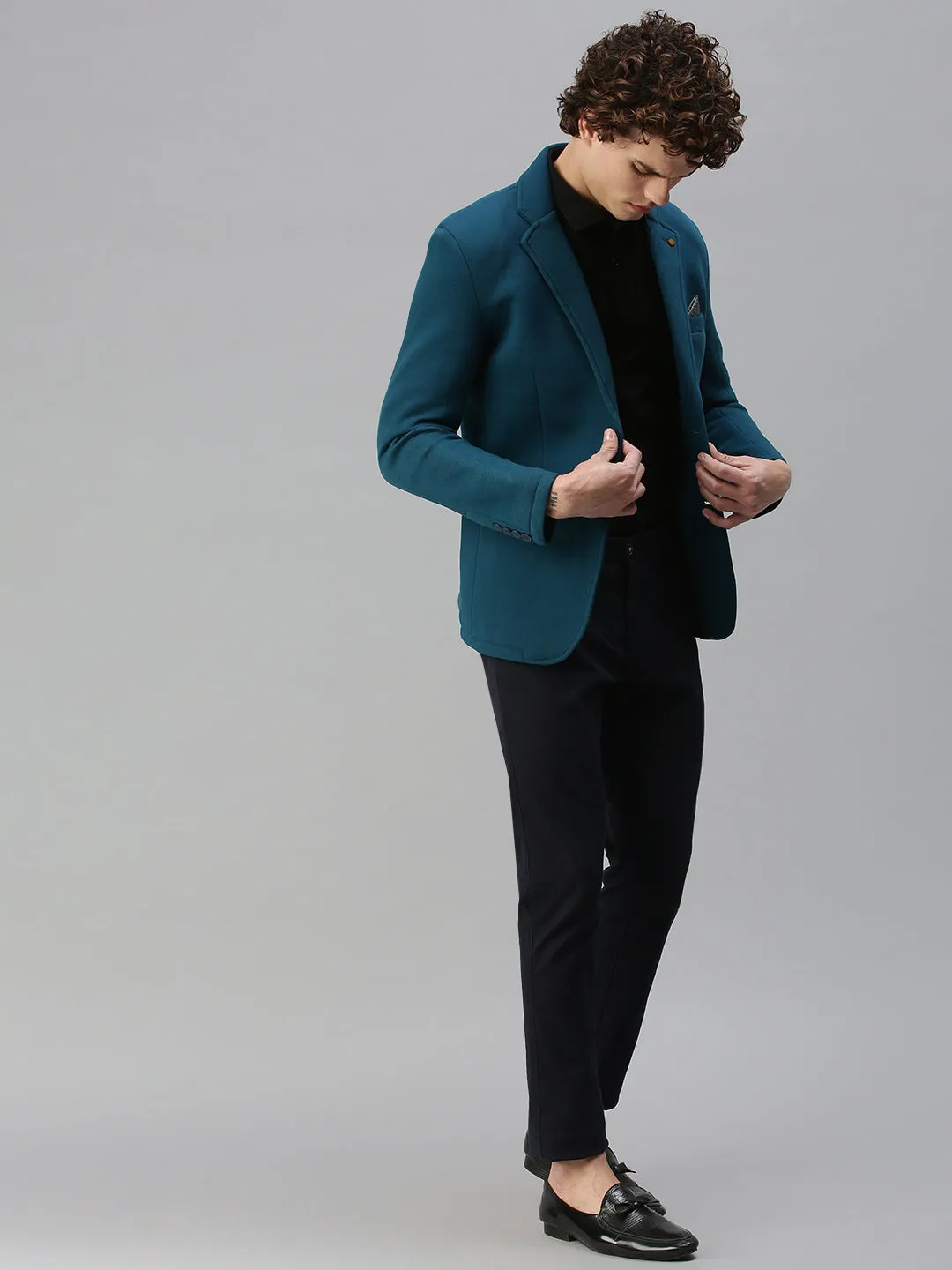 Men Turquoise Blue Solid Single-Breasted Slim-Fit Blazer