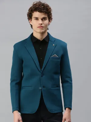 Men Turquoise Blue Solid Single-Breasted Slim-Fit Blazer