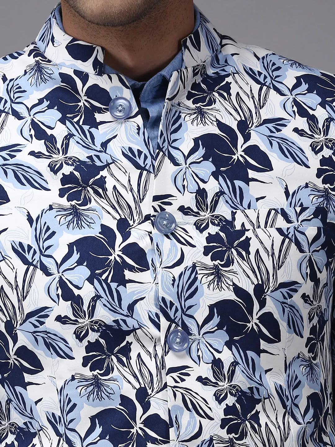 Men White Printed Single-Breasted Bandhgala Blazer