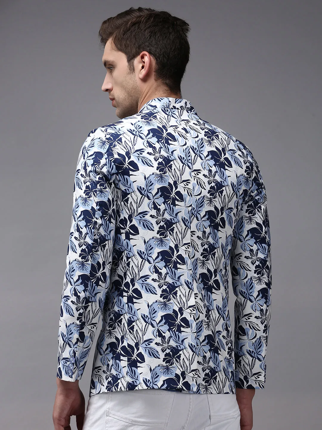 Men White Printed Single-Breasted Bandhgala Blazer