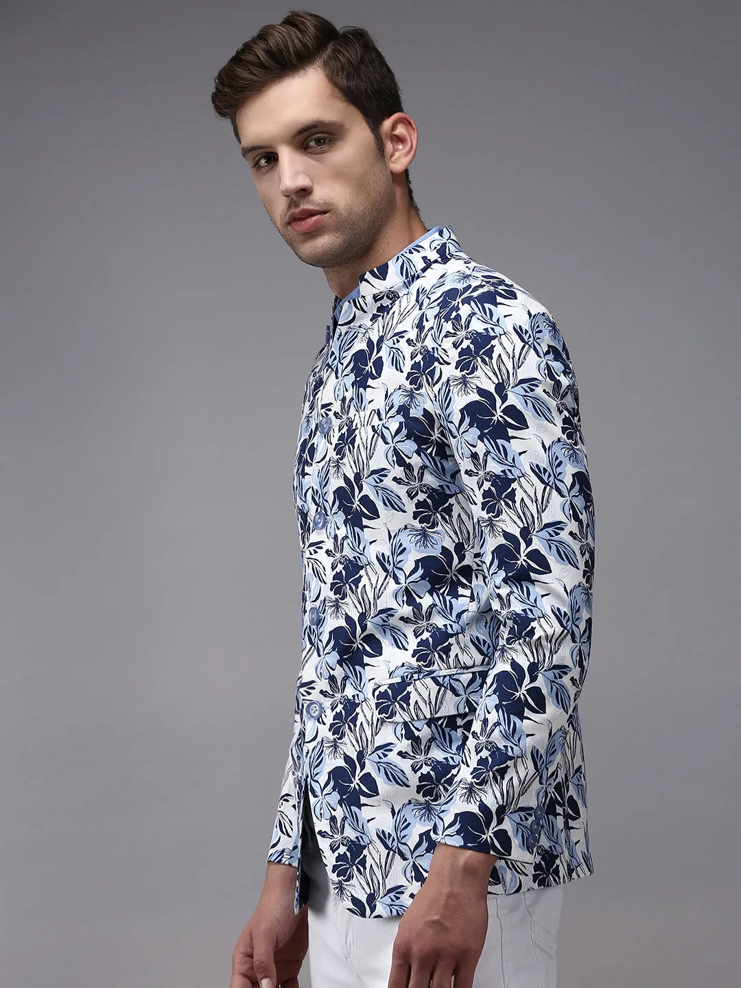 Men White Printed Single-Breasted Bandhgala Blazer