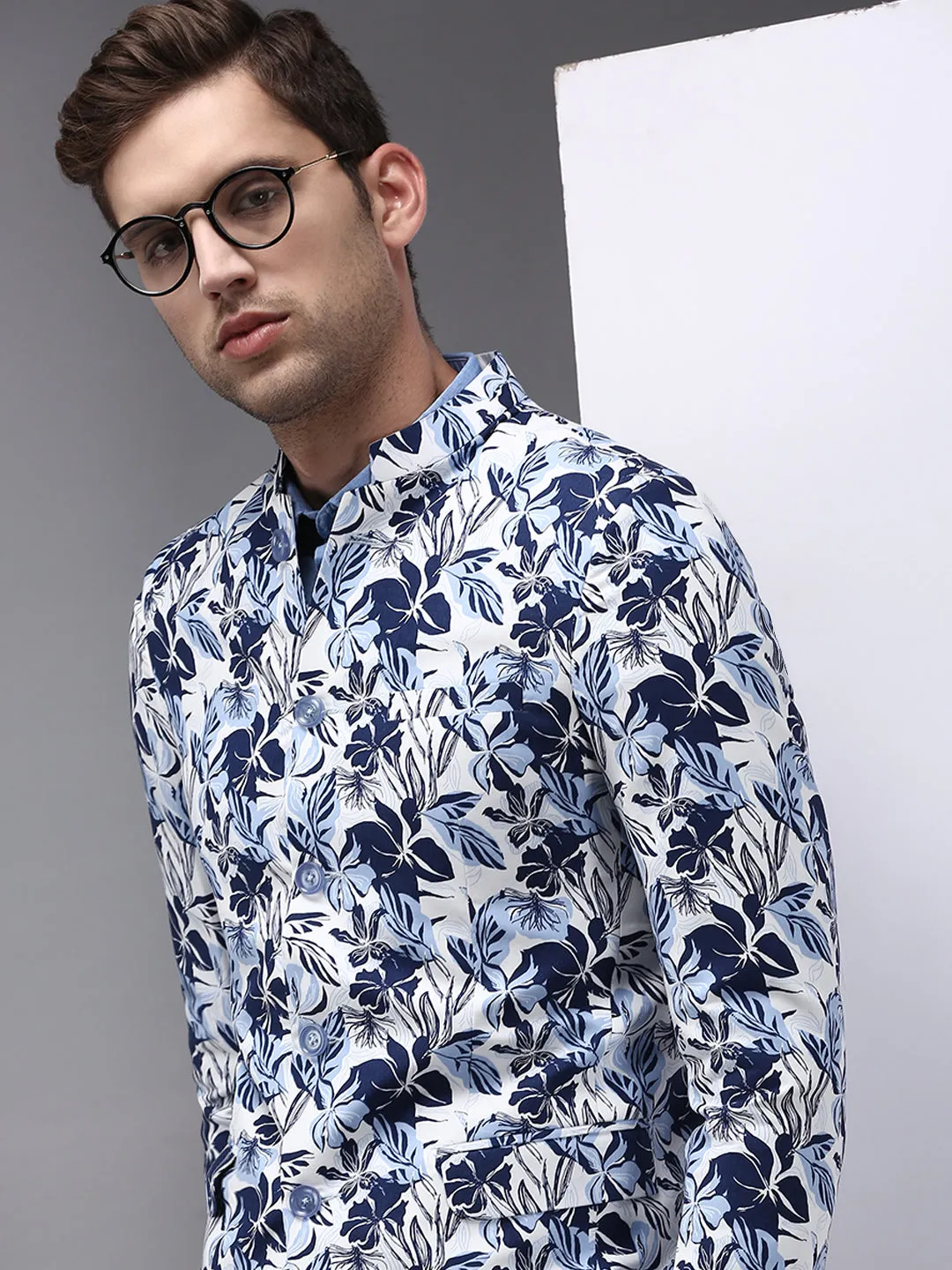 Men White Printed Single-Breasted Bandhgala Blazer