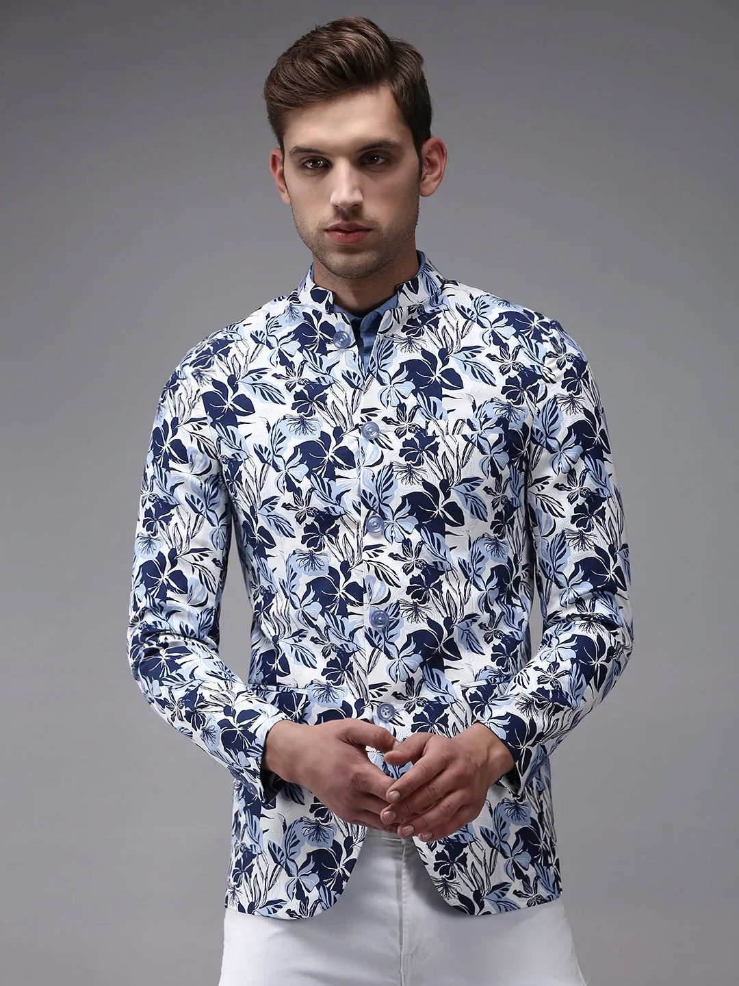 Men White Printed Single-Breasted Bandhgala Blazer