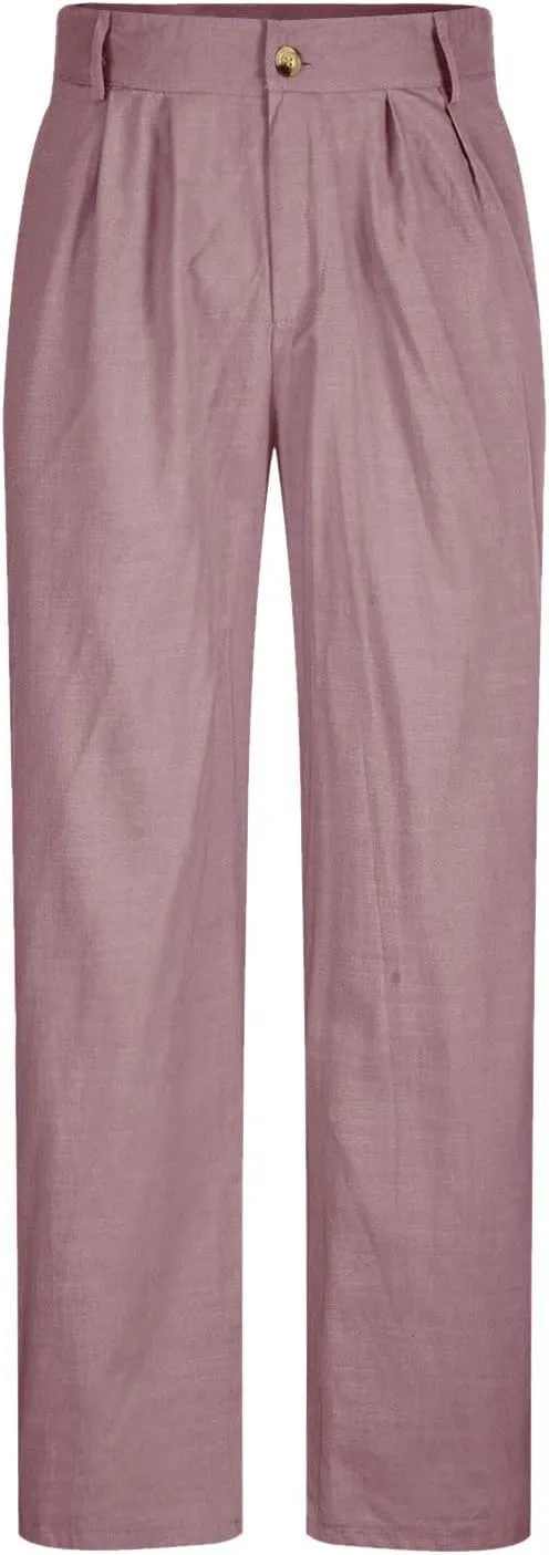 Men's Linen Dress Pants High Waist Lightweight Breathable Relaxed Formal Casual Vacation Daily Pockets
