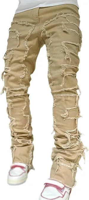 Mens Ripped Stacked Jeans Slim Fit Skinny Stretch Distressed Destroyed Denim Jeans Fashion Y2K Hip Hop Denim Pants
