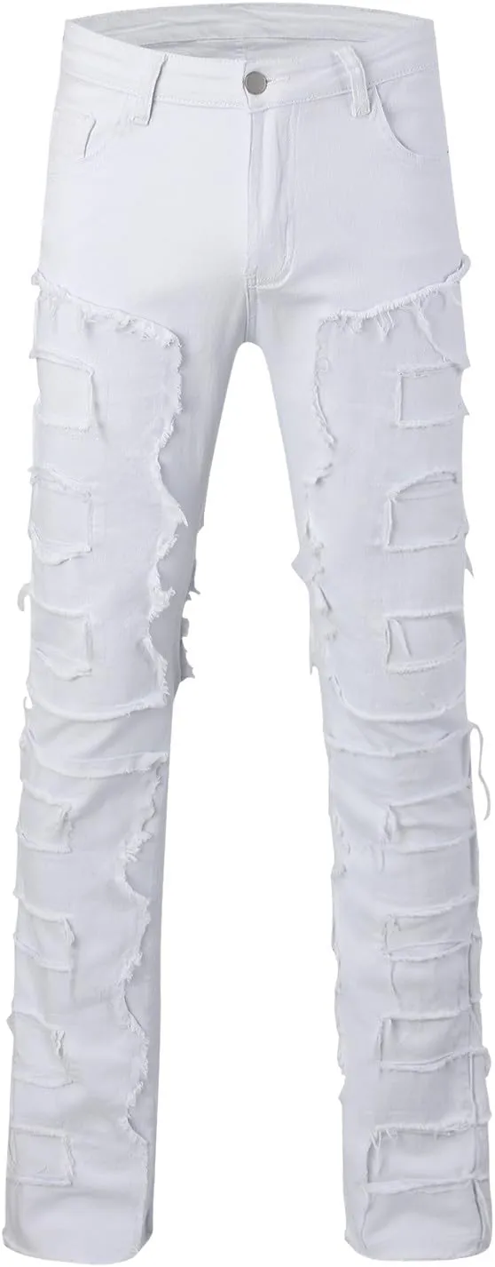 Mens Ripped Stacked Jeans Slim Fit Skinny Stretch Distressed Destroyed Denim Jeans Fashion Y2K Hip Hop Denim Pants