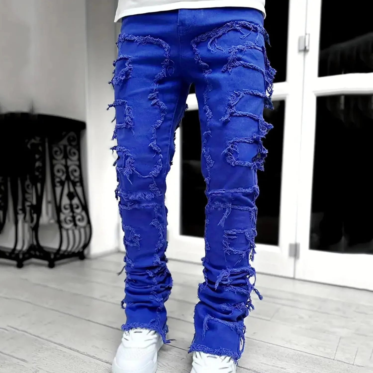 Mens Ripped Stacked Jeans Slim Fit Skinny Stretch Distressed Destroyed Denim Jeans Fashion Y2K Hip Hop Denim Pants