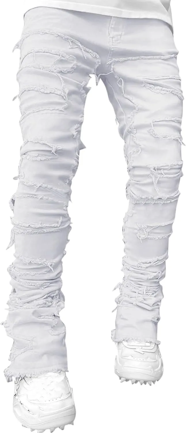 Mens Ripped Stacked Jeans Slim Fit Skinny Stretch Distressed Destroyed Denim Jeans Fashion Y2K Hip Hop Denim Pants