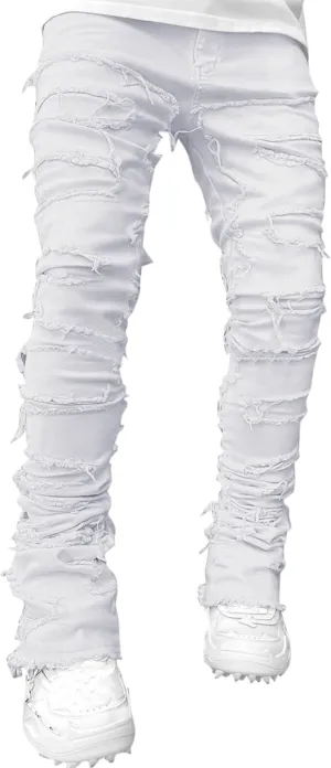 Mens Ripped Stacked Jeans Slim Fit Skinny Stretch Distressed Destroyed Denim Jeans Fashion Y2K Hip Hop Denim Pants