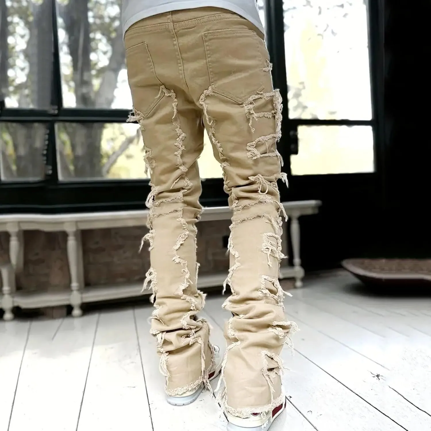 Mens Ripped Stacked Jeans Slim Fit Skinny Stretch Distressed Destroyed Denim Jeans Fashion Y2K Hip Hop Denim Pants