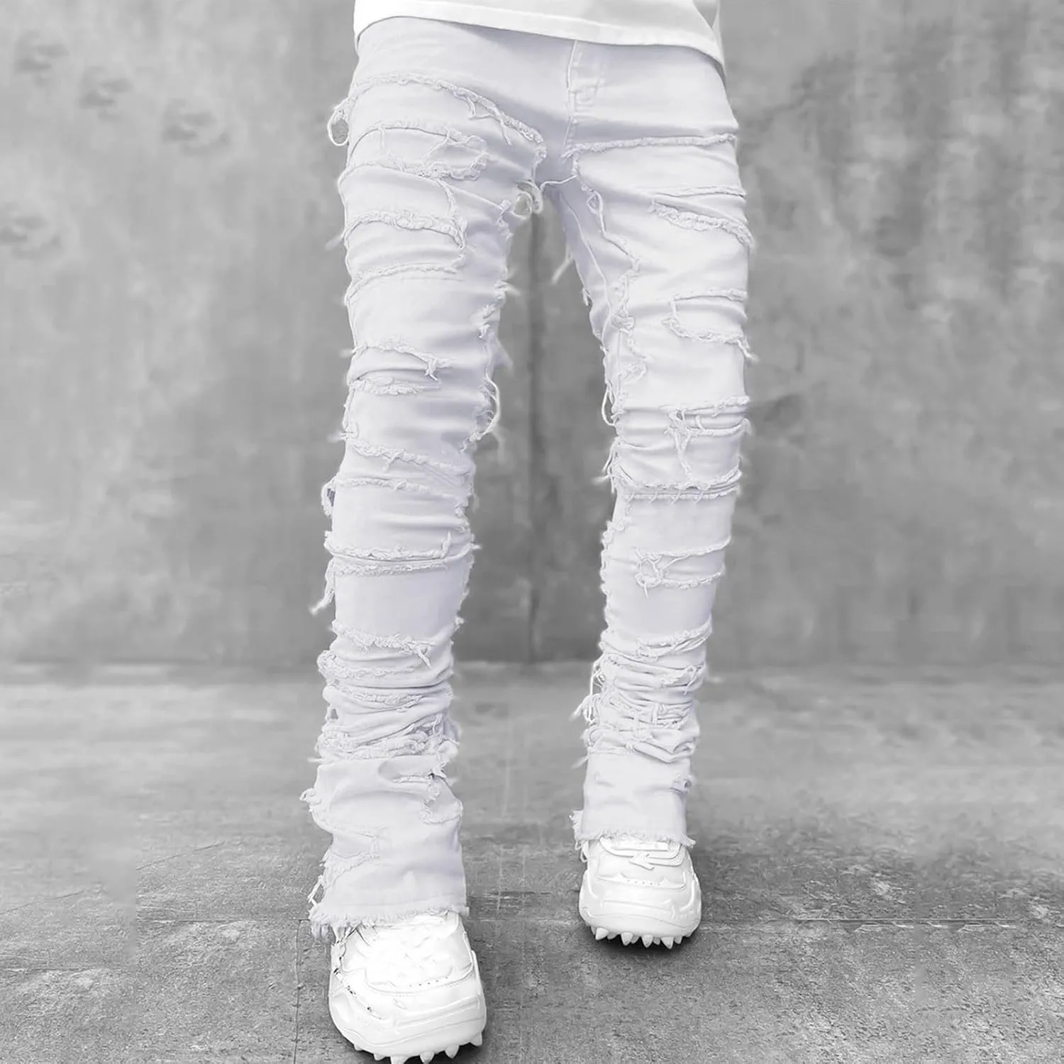 Mens Ripped Stacked Jeans Slim Fit Skinny Stretch Distressed Destroyed Denim Jeans Fashion Y2K Hip Hop Denim Pants