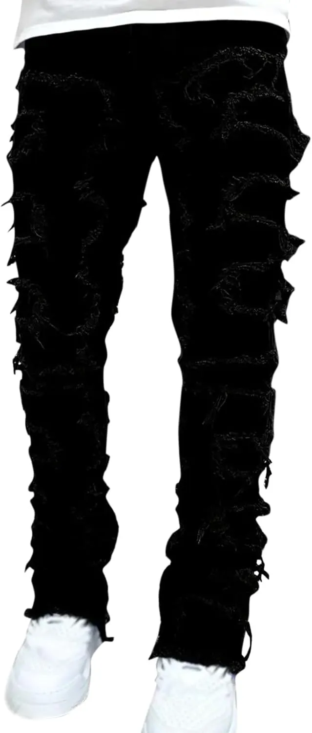Mens Ripped Stacked Jeans Slim Fit Skinny Stretch Distressed Destroyed Denim Jeans Fashion Y2K Hip Hop Denim Pants