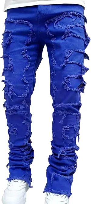 Mens Ripped Stacked Jeans Slim Fit Skinny Stretch Distressed Destroyed Denim Jeans Fashion Y2K Hip Hop Denim Pants