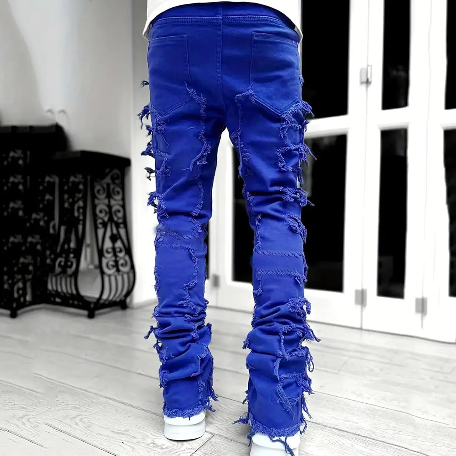 Mens Ripped Stacked Jeans Slim Fit Skinny Stretch Distressed Destroyed Denim Jeans Fashion Y2K Hip Hop Denim Pants