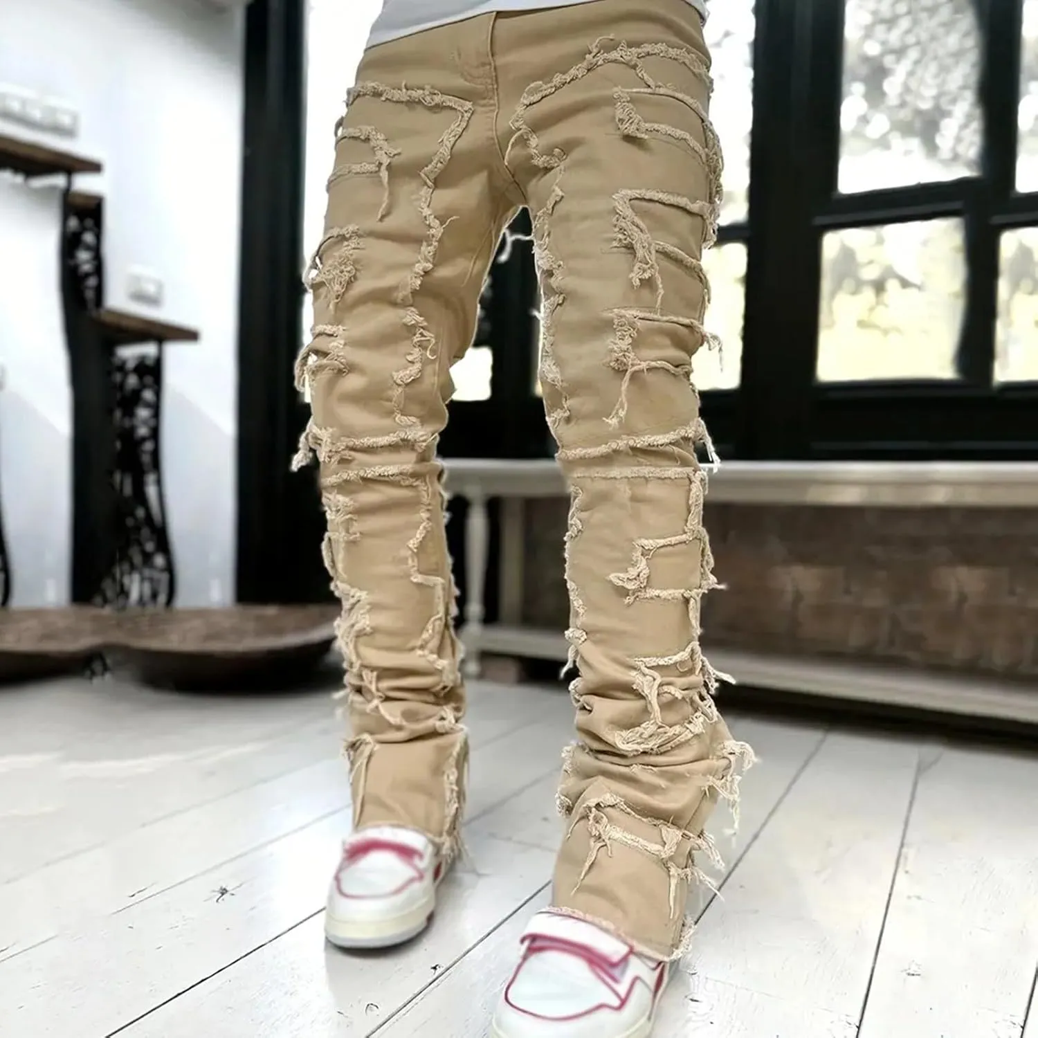 Mens Ripped Stacked Jeans Slim Fit Skinny Stretch Distressed Destroyed Denim Jeans Fashion Y2K Hip Hop Denim Pants