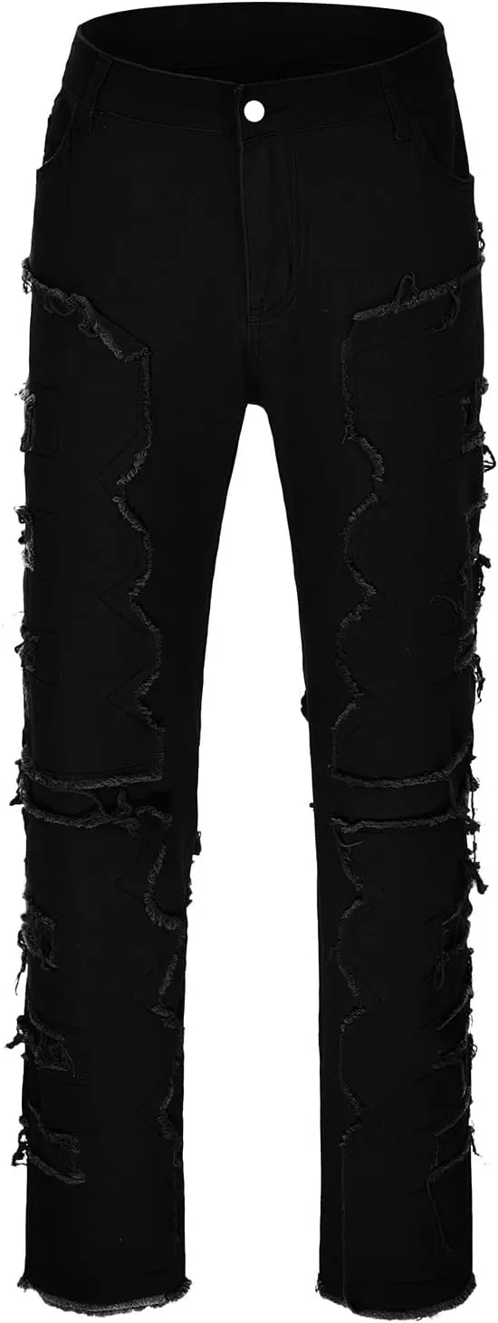 Mens Ripped Stacked Jeans Slim Fit Skinny Stretch Distressed Destroyed Denim Jeans Fashion Y2K Hip Hop Denim Pants