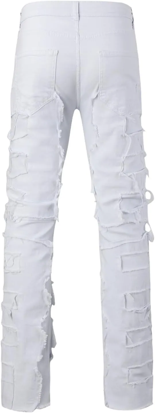 Mens Ripped Stacked Jeans Slim Fit Skinny Stretch Distressed Destroyed Denim Jeans Fashion Y2K Hip Hop Denim Pants