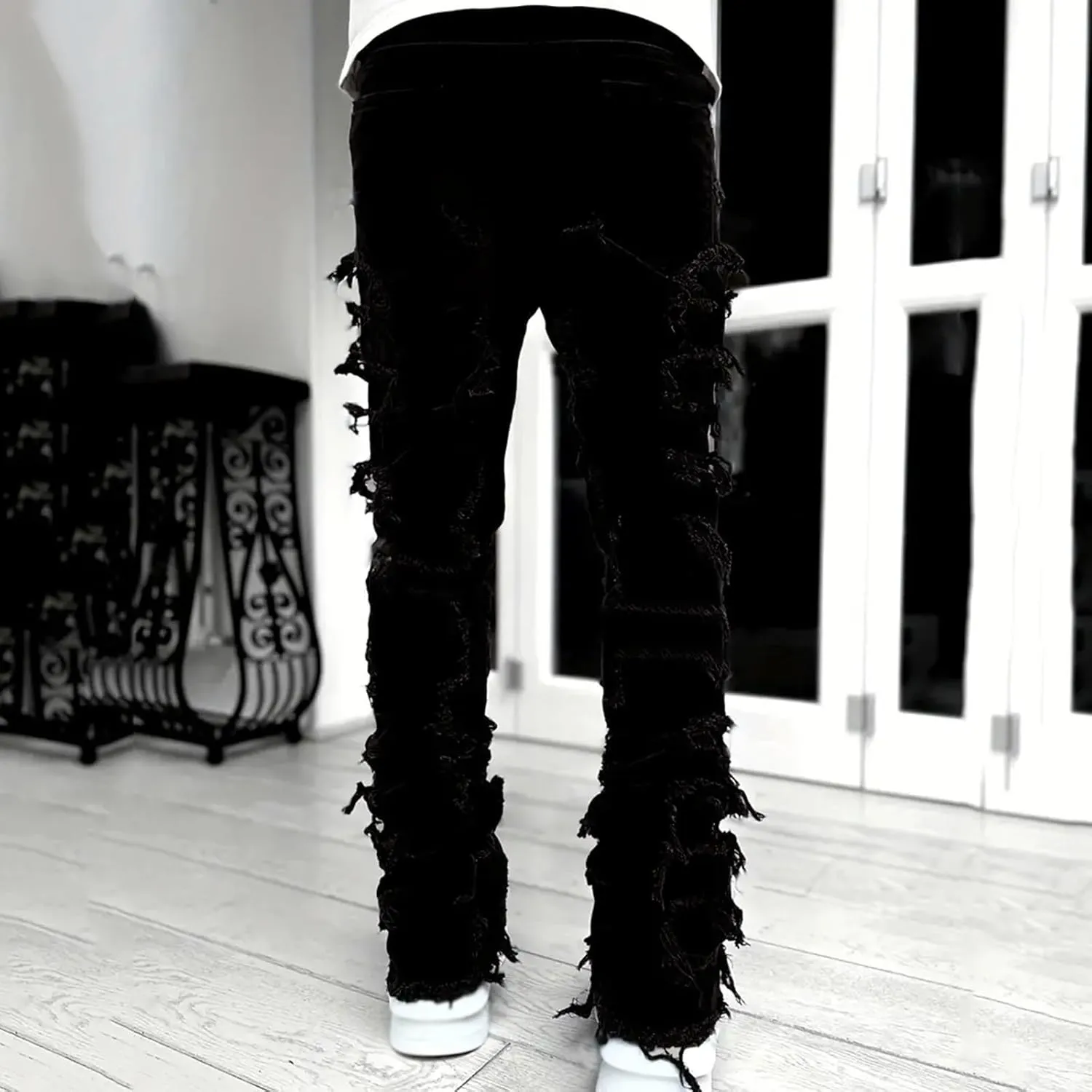 Mens Ripped Stacked Jeans Slim Fit Skinny Stretch Distressed Destroyed Denim Jeans Fashion Y2K Hip Hop Denim Pants