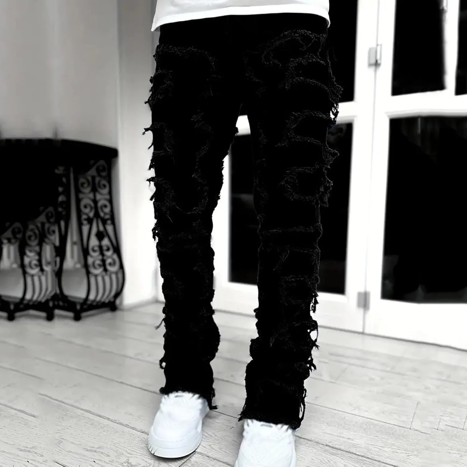Mens Ripped Stacked Jeans Slim Fit Skinny Stretch Distressed Destroyed Denim Jeans Fashion Y2K Hip Hop Denim Pants
