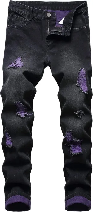 Men's Slim-fit Stretch Denim Jeans Featuring a Ripped Stretch Regular Pants
