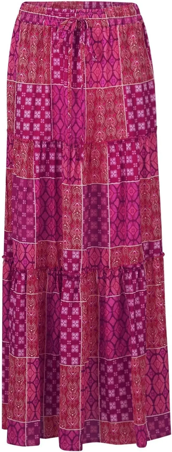 Midi Skirt,Linen Womens Boho Maxi Skirt with Pockets Trendy Flowy Long Skirts for Women 2025 Elastic High Waisted