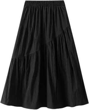Midi Skirts for Women High Waist Elastic Pleated Casual Long Skirt 2024 Summer Solid Color Loose Flowy A-line Skirts