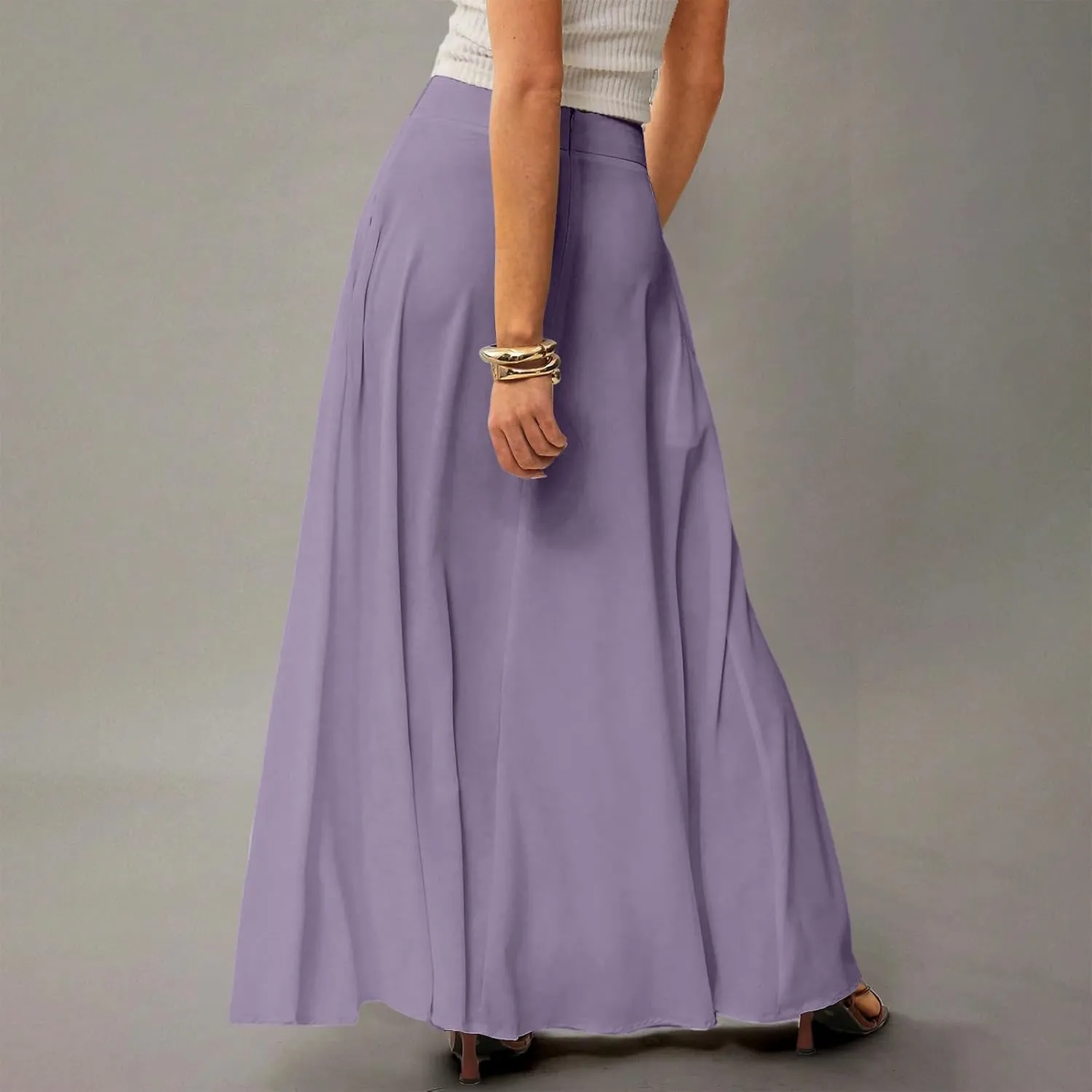Midi Skirts for Women High Waisted Pleated A-Line Summer Swing Long Work Office with Pockets