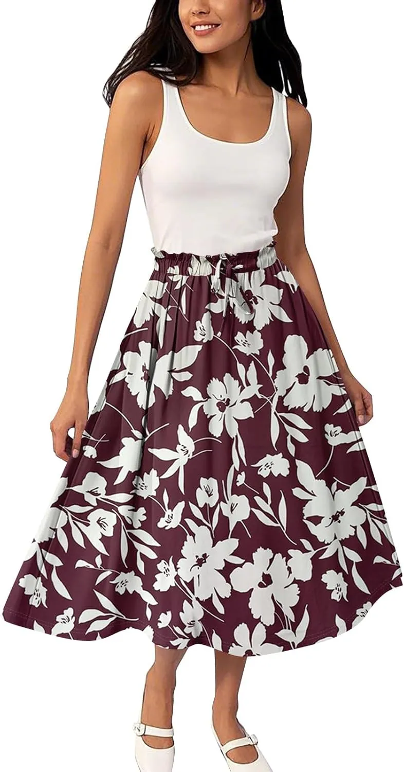 Midi Skirts for Women,2025 Summer Flowy Elastic High Waist A Line Skirts Elegant Beach Floral Outfits