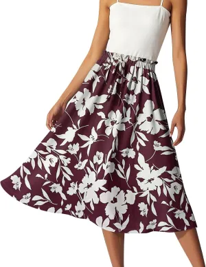 Midi Skirts for Women,2025 Summer Flowy Elastic High Waist A Line Skirts Elegant Beach Floral Outfits