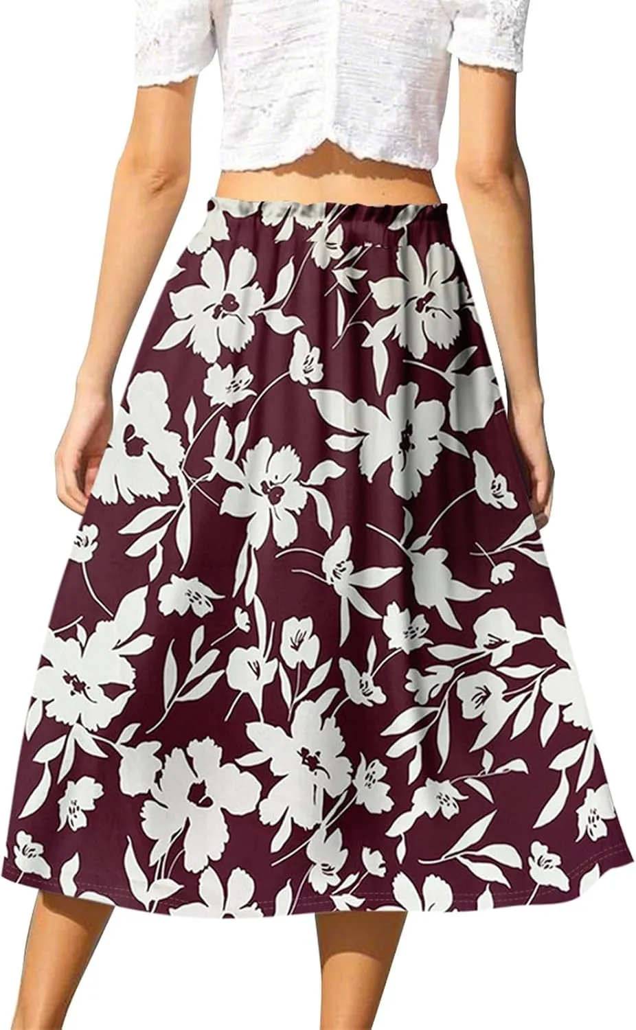 Midi Skirts for Women,2025 Summer Flowy Elastic High Waist A Line Skirts Elegant Beach Floral Outfits
