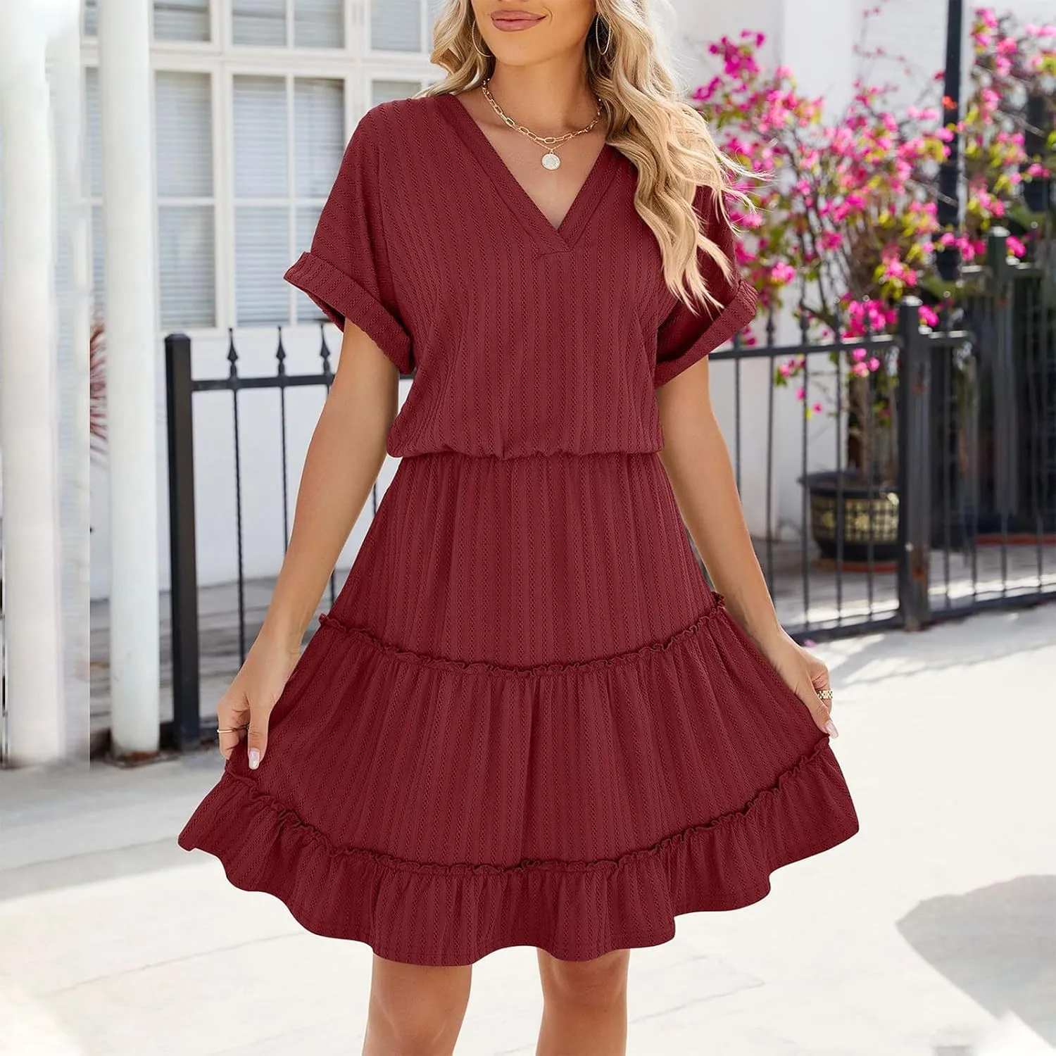 Mini Dress Women Summer Casual V Neck Short Sleeve Going Out Dresses Elegant Tiered Crochet Beach A Line Short Dress