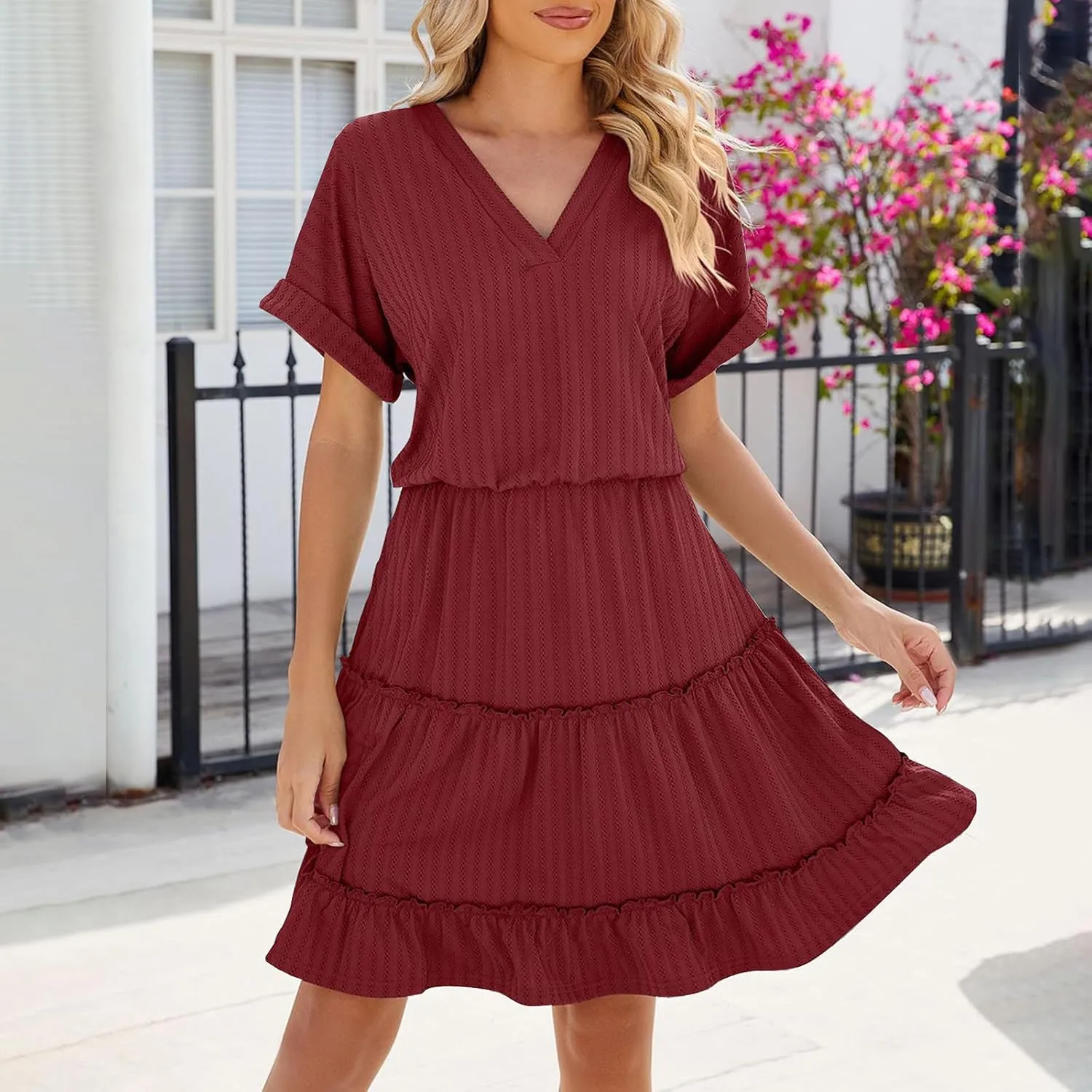 Mini Dress Women Summer Casual V Neck Short Sleeve Going Out Dresses Elegant Tiered Crochet Beach A Line Short Dress