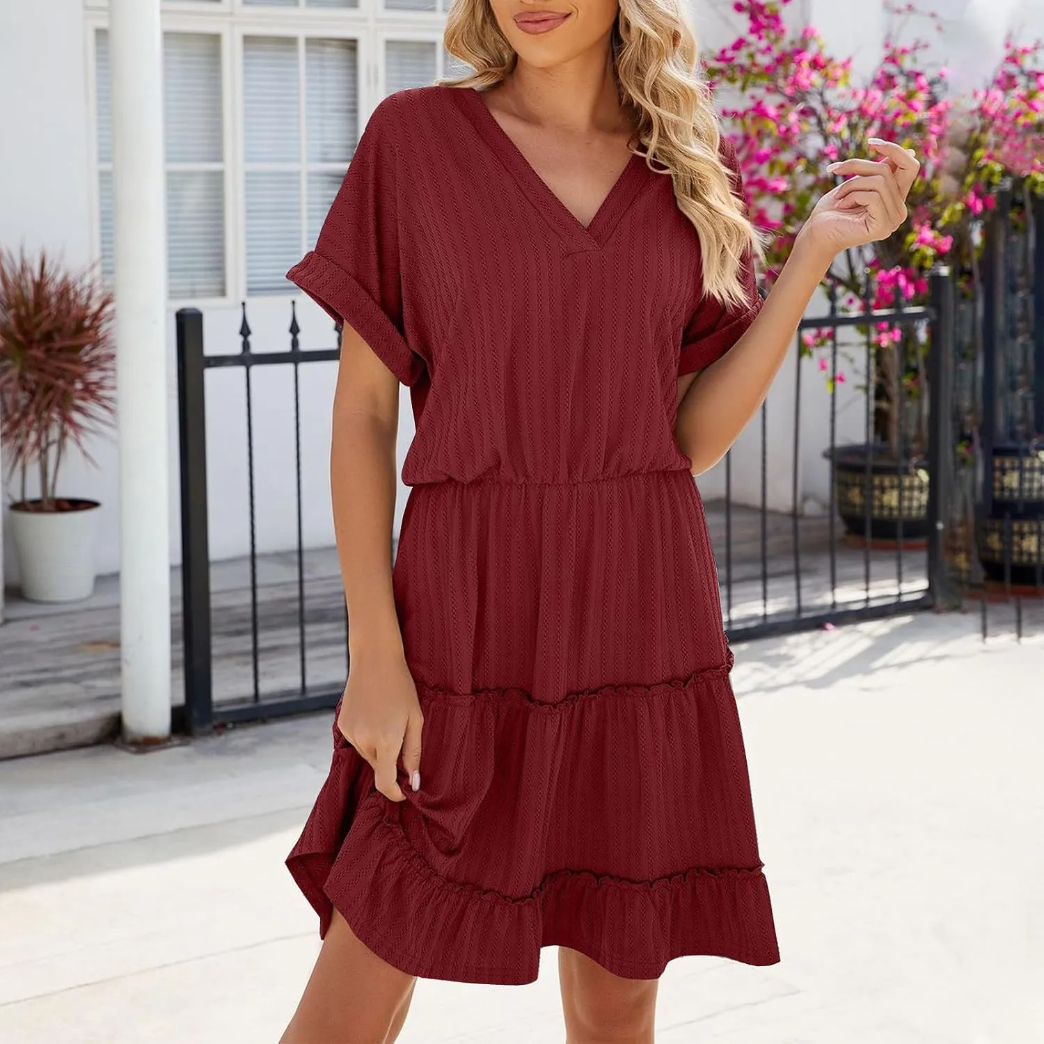 Mini Dress Women Summer Casual V Neck Short Sleeve Going Out Dresses Elegant Tiered Crochet Beach A Line Short Dress