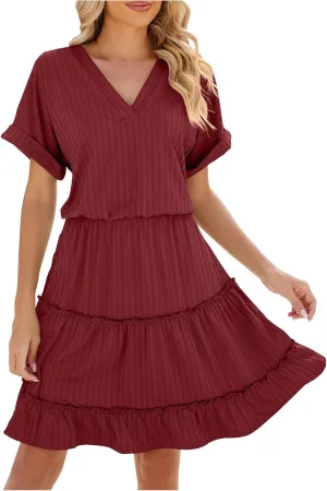 Mini Dress Women Summer Casual V Neck Short Sleeve Going Out Dresses Elegant Tiered Crochet Beach A Line Short Dress