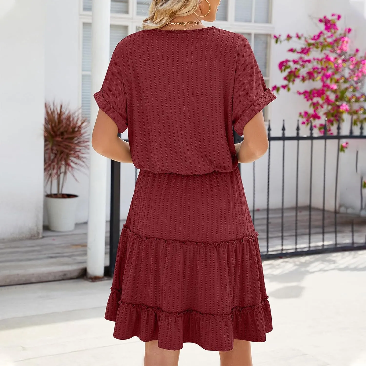 Mini Dress Women Summer Casual V Neck Short Sleeve Going Out Dresses Elegant Tiered Crochet Beach A Line Short Dress