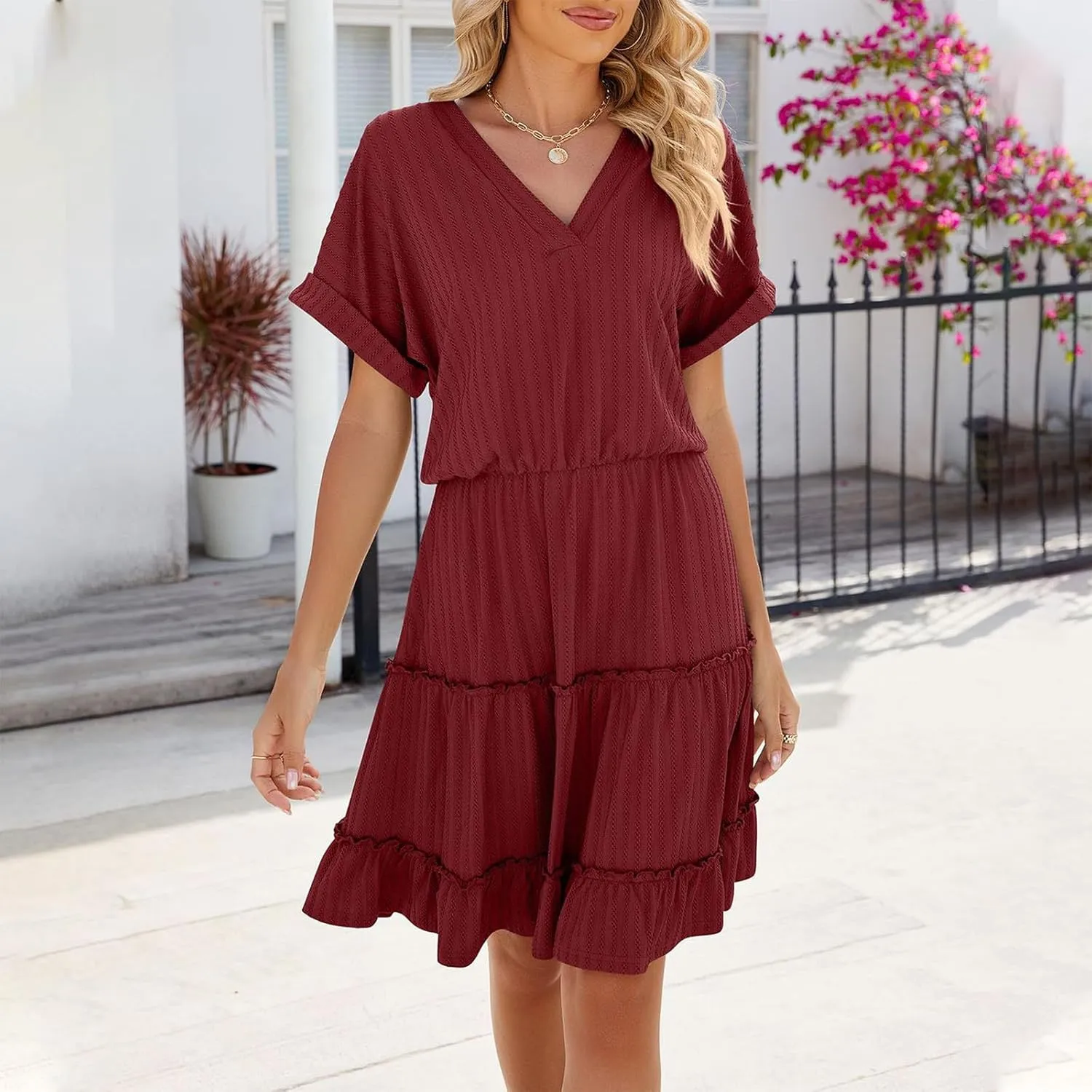 Mini Dress Women Summer Casual V Neck Short Sleeve Going Out Dresses Elegant Tiered Crochet Beach A Line Short Dress