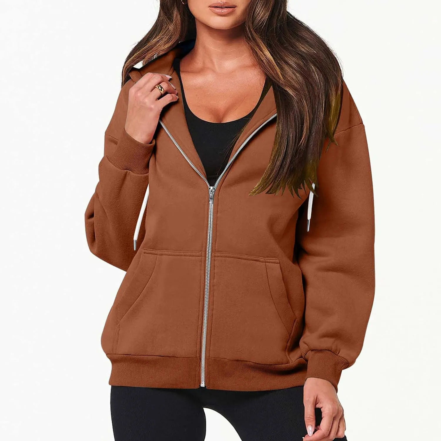 nerohusy Women's Cute Hoodies Girl Fall 2023 Jacket Oversized Sweatshirts Casual Drawstring Zip Up Y2K Hoodie with Pocket