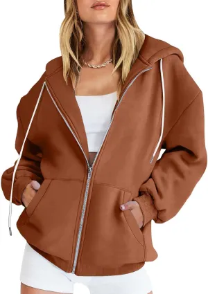 nerohusy Women's Cute Hoodies Girl Fall 2023 Jacket Oversized Sweatshirts Casual Drawstring Zip Up Y2K Hoodie with Pocket