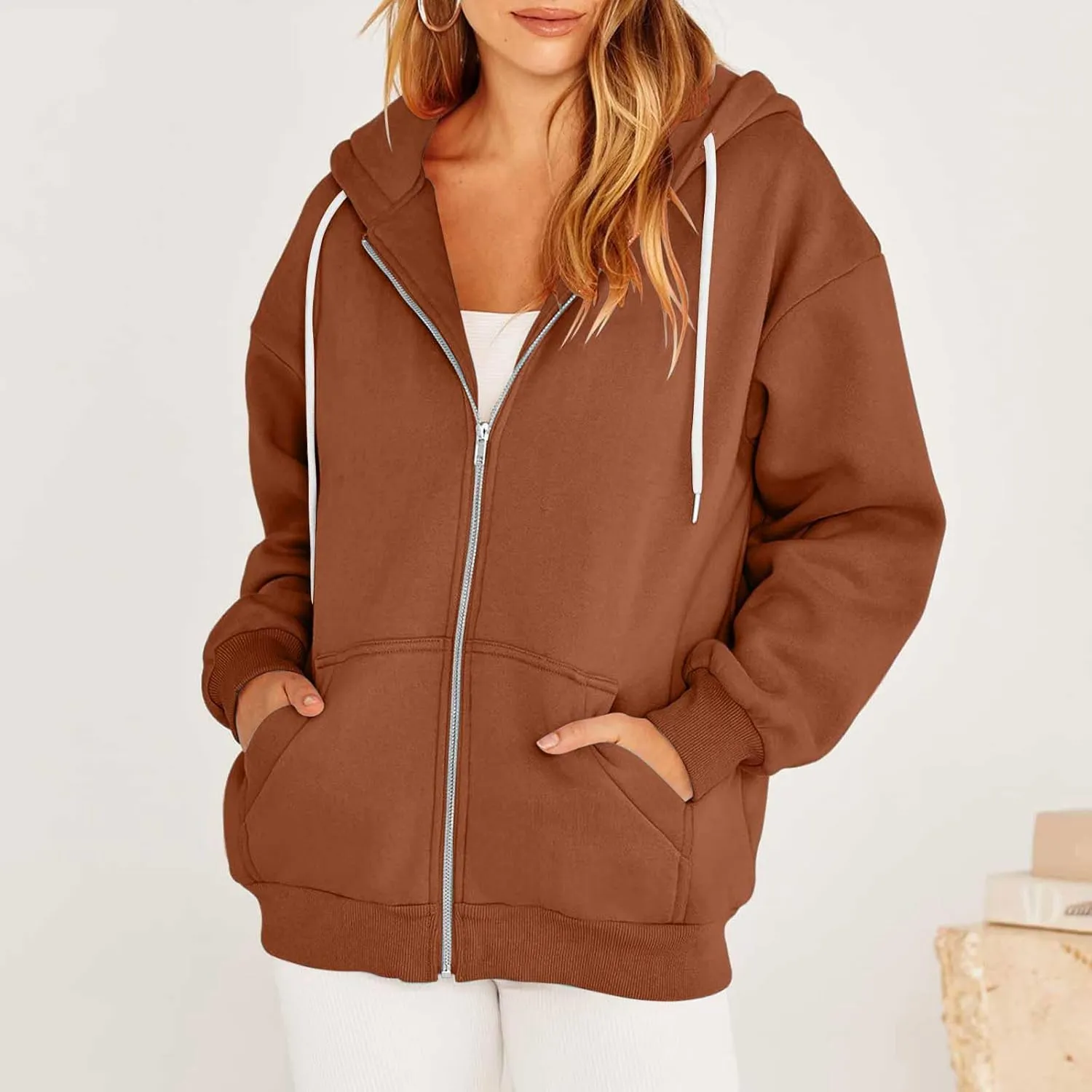 nerohusy Women's Cute Hoodies Girl Fall 2023 Jacket Oversized Sweatshirts Casual Drawstring Zip Up Y2K Hoodie with Pocket
